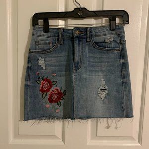 Angel Kiss Denim Distressed Mini Skirt with Flower Patch